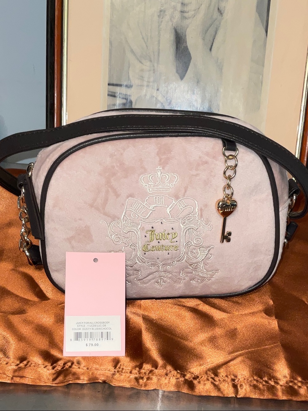 Juicy Couture Pink and Black Velvet Crossbody Bag with Gold Charm